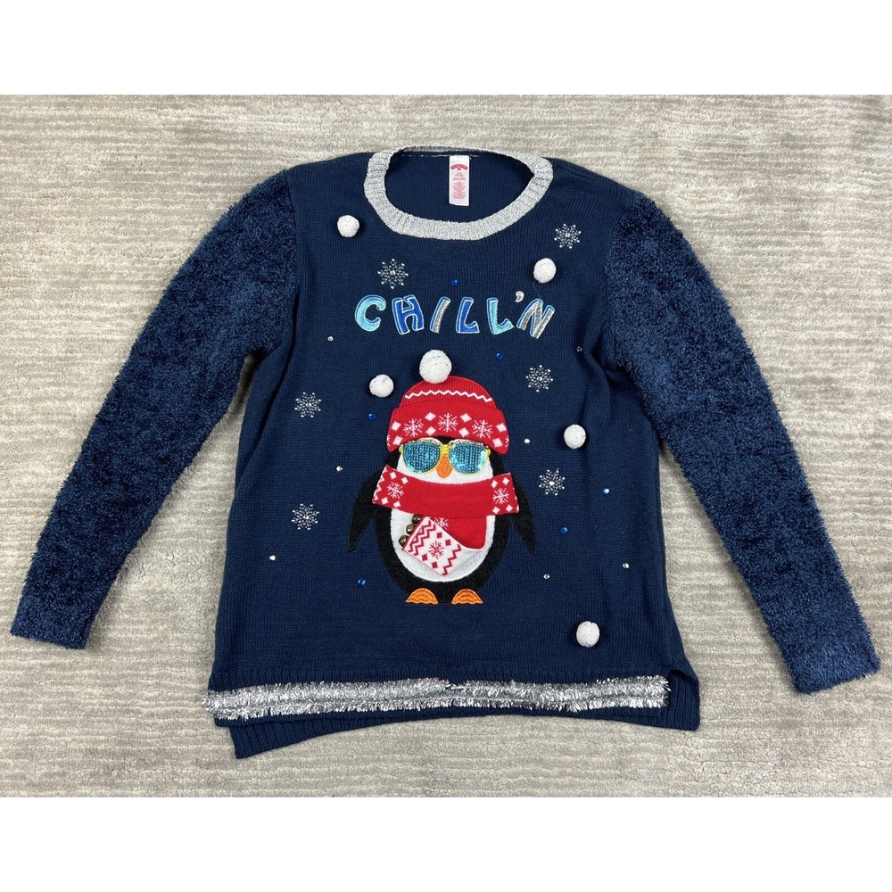 Holiday Time Sweater Girls L 12-14 Navy Penguin Light Up Ugly Christmas HTL48906